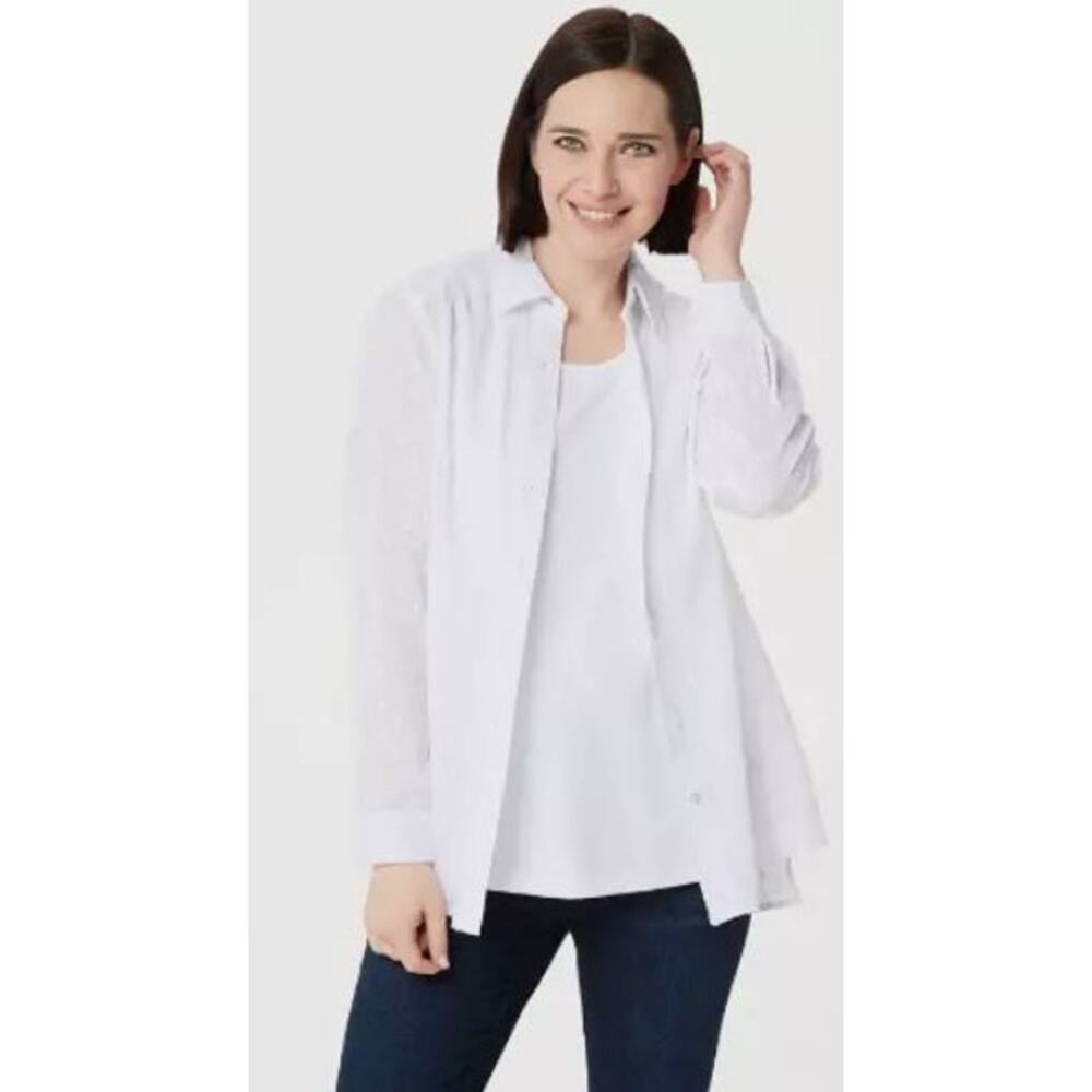 Denim Co. Solid Clip Dot Button Front Blouse & Knit Tank Set White L New A352965